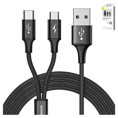 USB кабель Baseus Rapid, USB тип C, USB тип A, micro USB тип B, 120 см, 3 A, чорний, в нейлоновому обплетенні, 2 в 1, #CAMT ASU01