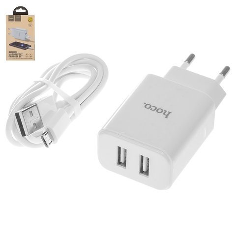 Mains Charger Hoco C62A, 10.5 W, white, with micro USB cable Type B, 2 outputs 