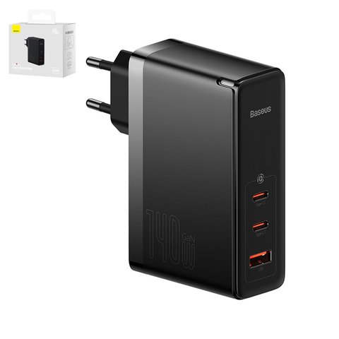 Adaptador de red Baseus GaN5 Pro, 140 W, Quick Charge, negro, con cable USB tipo C USB tipo C, 3 puertos, #CCGP100201