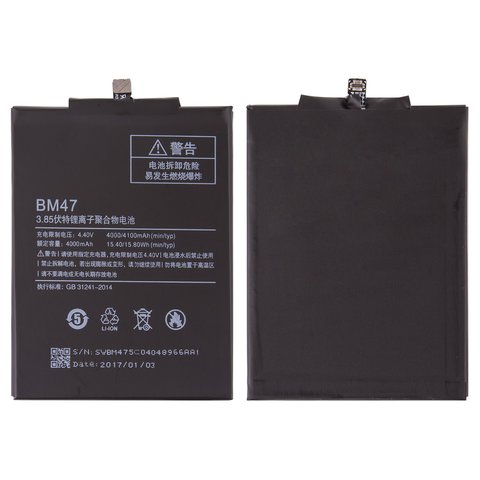 Batería BM47 puede usarse con Xiaomi Redmi 3, Redmi 4X, Li Polymer, 3.85 V, 4000 mAh, Original PRC 