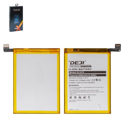Batería Deji BLP851 puede usarse con Oppo A74, Li ion, 3.87 V, 5000 mAh