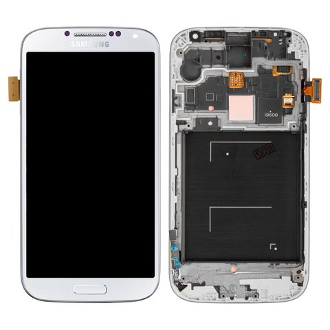 Дисплей для Samsung I9500 Galaxy S4, білий, з рамкою, Оригінал переклеєне скло 