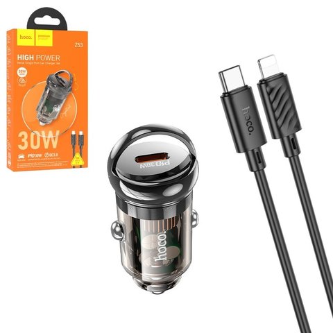 Автомобильное зарядное устройство Hoco Z53, черное, прозрачное, Power Delivery PD , c кабелем USB тип C к Lightning для Apple, 30 Вт, 1 порт, 12 24 B, #6942007611268