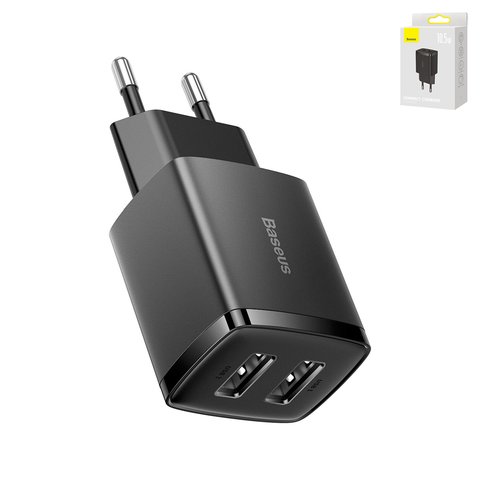 Сетевое зарядное устройство Baseus Compact Charger, 220 В, черное, USB тип A, 10,5 Вт, 2 порта, #CCXJ010201